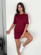 Osy Modal Yumuşak Dokulu Kumaş Parçalı Bisiklet Yaka T-shirt Kısa Şort İkili Takım -  Bordo resmi